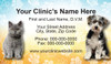 Veterinary business card featuring a gray cat, black-and-white dog, white paw print pattern, and blue-to-yellow gradient background with contact information.

