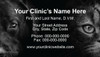 Veterinary business card featuring close-up black-and-white dog and cat portraits on a dark background with centered clinic contact information.

