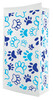 A flat bottom bag with a white background is covered in large, bold blue and teal paw prints arranged in a playful repeating pattern.

