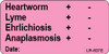  Pink sticker listing Heartworm, Lyme, Ehrlichiosis, and Anaplasmosis with positive and negative result indicators and date field.
