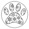 Round veterinary envelope seal featuring a paw print filled with assorted black snowflake patterns inside a circular border.

