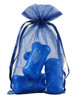 Sapphire sheer organza bag with satin ribbon drawstring closure. Transparent organza material shown holding small items inside a blue drawstring presentation bag.

