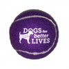 Purple personalized pet tennis ball with white "DOGS for better LIVES" text and a dog silhouette graphic featuring a small heart detail centered within the imprint area.


