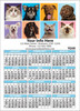 Eight dog and cat portrait photographs on colorful backgrounds above a personalized business imprint area and year calendar with light blue month headers.