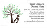 Veterinary business card featuring a leafy tree with dog and cat silhouettes beneath it and clinic contact information on a light gray background.

