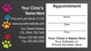 Veterinary sticker appointment business card with colorful paw prints on a dark gray background and peel-off appointment reminder section.

