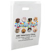 White die-cut handle paper bag featuring colorful splash dots, circular dog and cat portraits, and the decorative message "Thank-you!"

