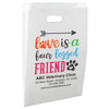 White die-cut handle paper bag featuring the phrase "love is a four legged FRIEND" with a paw print heart icon and arrow graphic.

