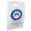 White die-cut handle paper bag featuring a white paw print inside a blue and purple paint splash circle with a Thank You message.

