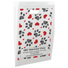 White die-cut handle paper bag featuring a repeating pattern of red hearts and black sketched paw prints.

