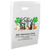 White die-cut handle paper bag featuring dogs and cats in green St. Patrick's Day hats with shamrocks and a Happy St. Patrick's Day message.


