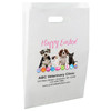 White die-cut handle paper bag featuring red hearts, pink paw prints, and the phrase "We love pets!" with matching top and bottom borders.

