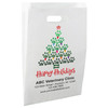 White die-cut handle paper bag featuring a Christmas tree made of green paw prints with colorful lights, a bone trunk, and a Happy Holidays message.

