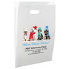 White die-cut handle paper bag featuring dogs and a cat wearing colorful winter hats and scarves with the phrase "Warm Winter Wishes!"

