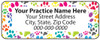 Veterinary label with colorful paw print border and centered address text