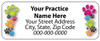 Veterinary label with colorful paw print clusters on both sides