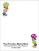 Quarter-size veterinary notepad with colorful green, pink, orange, blue, and black paw print borders in opposite corners and clinic information area.

