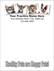 Four pet photographs featuring two cats and two dogs above practice information with the phrase "Healthy Pets are Happy Pets!" at the bottom.

