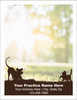 Dog and cat silhouettes standing in a grassy meadow with a blurred outdoor background and veterinary practice information displayed below.

