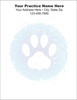 Large white paw print inside a soft blue circular background with splatter accents and personalized veterinary practice information at the top.

