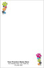 Half-size veterinary notepad with colorful paw print clusters in the upper left and lower right corners, gray background, and practice information area at the bottom.

