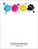 Four large paw prints in blue, pink, yellow, and black with splash accents above an open writing area and clinic information.

