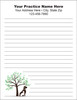 Lined veterinary notepad featuring a green leafy tree with dog and cat silhouettes at the base and practice information at the top.

