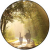 LRDC6- 1" White Label with a dog/cat walking down sunlit path (LRDC6)