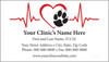 Veterinary business card featuring a red heartbeat line, heart outline with black paw print, and centered clinic contact information on a light gray background.


