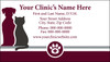 Veterinary business card featuring burgundy dog and dark gray cat silhouettes with a paw print medical emblem and centered contact information.

