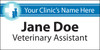 Personalized veterinary name tag with a blue clinic name banner, circular logo featuring a white veterinary cross and blue dog and cat silhouettes, plus custom name and title text.

