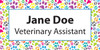 Personalized name tag featuring a colorful border of multicolored paw prints surrounding a light gray center panel with bold black custom name and title text.

