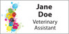 Personalized name tag featuring multicolored paw prints layered with blue, pink, green, yellow, and red paint splash effects along the left side, with bold black custom name and title text.

