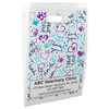 White die-cut handle paper bag featuring blue and purple hearts, paw prints, and repeating Thank You messages in a full-coverage pattern.

