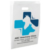 White die-cut handle paper bag featuring a blue veterinary medical cross with dog and cat silhouettes.

