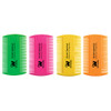 Four neon personalized pet combs in green, pink, yellow, and orange with centered black imprint featuring a pet logo, grand opening text, and vertical layout within the imprint area.

