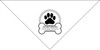 Personalized pet bandana featuring a large paw print inside a circular badge above a dog bone graphic containing a custom clinic name, address, phone number, fax number, and website.

