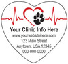 Heart-shaped veterinary die-cut magnet featuring a red heartbeat line, heart outline, black paw print graphic, and personalized clinic information.

