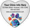 Heart-shaped veterinary die-cut magnet featuring a colorful paint splatter paw print on a light gray background with personalized clinic information.

