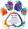  Colorful paw print die-cut magnet featuring multicolor paint splashes surrounding a white center personalization area with clinic contact information.