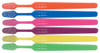 Assorted small pet toothbrushes shown in orange, blue, pink, purple, yellow, and green with white bristles, triangular brush heads, and blank handle imprint areas for custom personalization.

