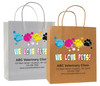 veterinary handled bag with colorful paw prints and we love pets design