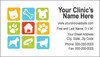Veterinary business card featuring a colorful grid of pet icons including a cat, dog, paw prints, bone, doghouse, and pet bowl.

