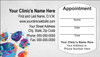Veterinary sticker appointment business card with a multicolored watercolor paw print, gray background, curved appointment reminder section, and clinic information area.

