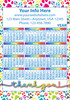 Rainbow paw print calendar with colorful border, blue personalized imprint area, yearly calendar, rainbow month headers, and multicolor thank you message.