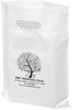 Personalized veterinary promotional bag displaying a tree illustration composed of pet and veterinary-themed icons, including dogs, cats, paw prints, birds, fish, treats, and medical symbols. The centered artwork appears above a structured area for practice information on a white recyclable plastic tote bag.