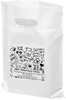 White plastic veterinary tote bag with a die-cut handle featuring a black pattern of paw prints, hearts, and repeated "Thank You" text surrounding a personalized clinic information panel displaying ABC Veterinary Clinic, address, phone number, and website.