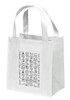 Reusable veterinary promotional tote bag with dual reinforced handles and a pet-themed illustration panel containing dogs, cats, paw prints, bones, and veterinary symbols. The design includes a structured area for personalized practice information beneath the artwork.
