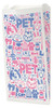White veterinary bag with blue and pink pet illustrations, “PET” text, and small words like “LOVE,” “HI CAT,” and “FOOD”

