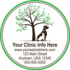 Circle veterinary sticker featuring a leafy tree with dog and cat silhouettes, bordered by green and brown circular accents and customizable clinic information.


